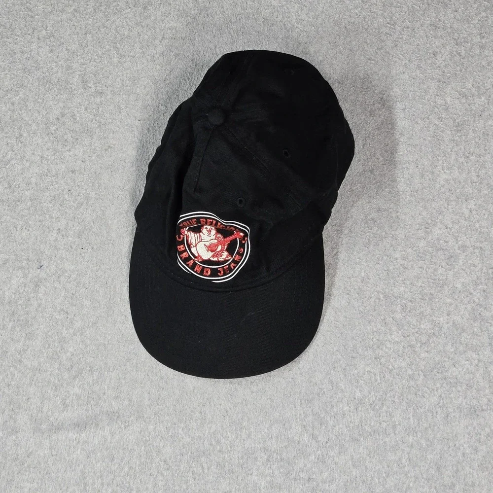 True Religion Men Baseball Cap OS Black Curved Buckle Strapback Embroidered Logo